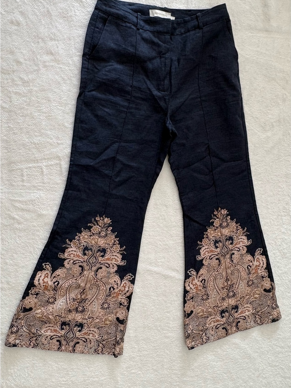 Zimmermann navy Boot-Cut Pants with Beige Paisley Embroidery 100% linen